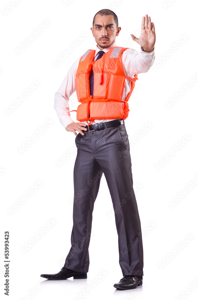 Man in life jacket isolated on white Man in life jacket isolated on white