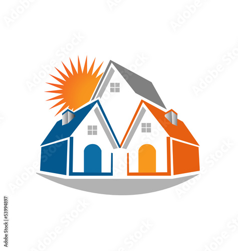 Real estate houses and sun logo vector