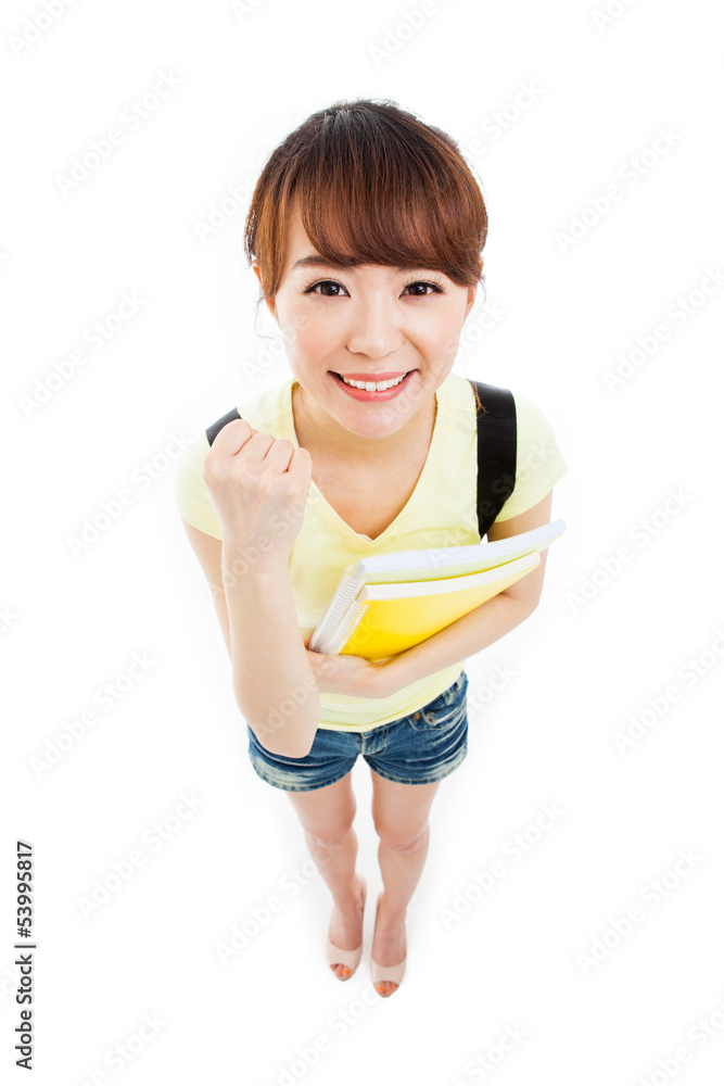 Showing thumb beautiful student high angle shot Showing thumb beautiful student high angle shot