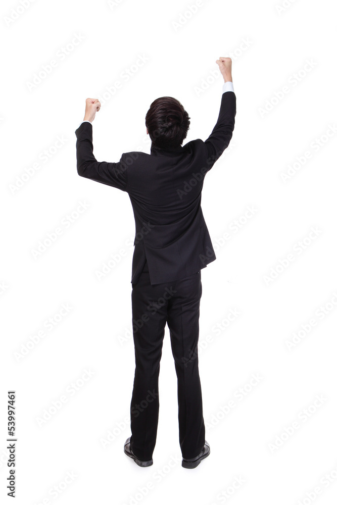 Back view of arms raised business man Back view of arms raised business man