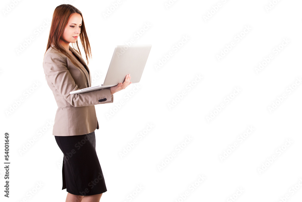 Secretary with a laptop in hands on white background with copysp Secretary with a laptop in hands on white background with copysp