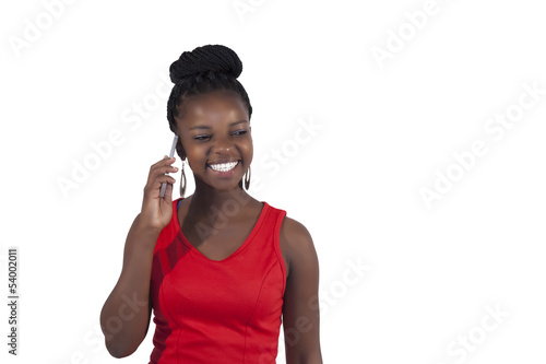 Young happy african woman talking into her cell phone