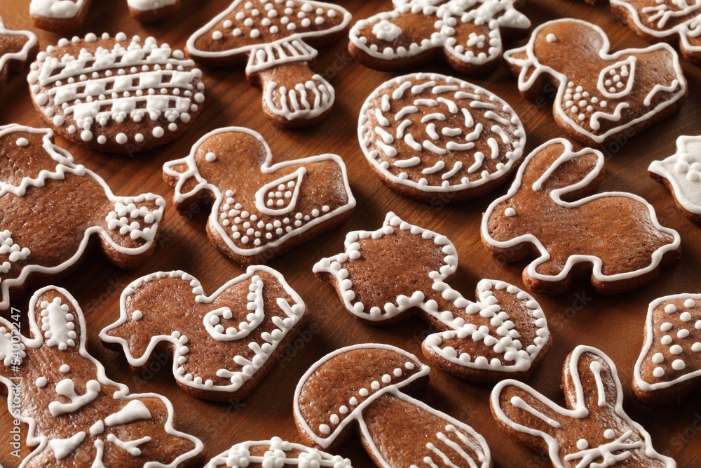 Easter gingerbread cookies on wooden background Easter gingerbread cookies on wooden background