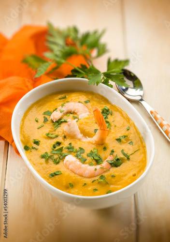 shrimp soup with parsley, selective focus