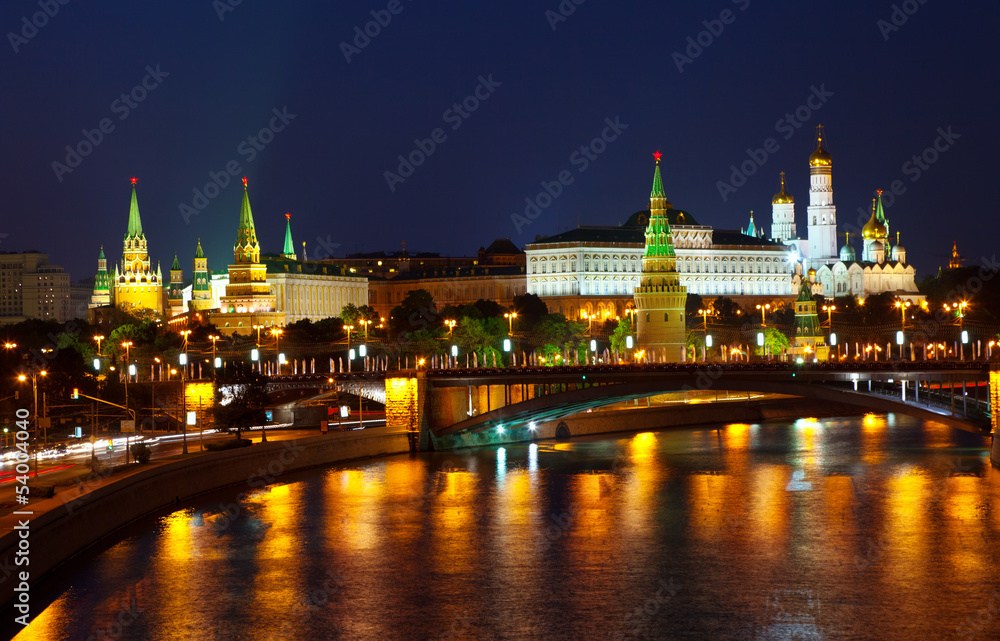 Moscow Kremlin  and   Moskva River in night. Russia