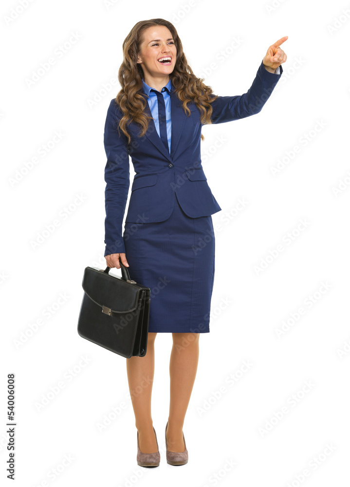 Full length portrait of smiling business woman with briefcase Full length portrait of smiling business woman with briefcase
