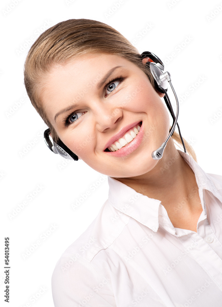 Smiling female call assistant in web headset, isolated