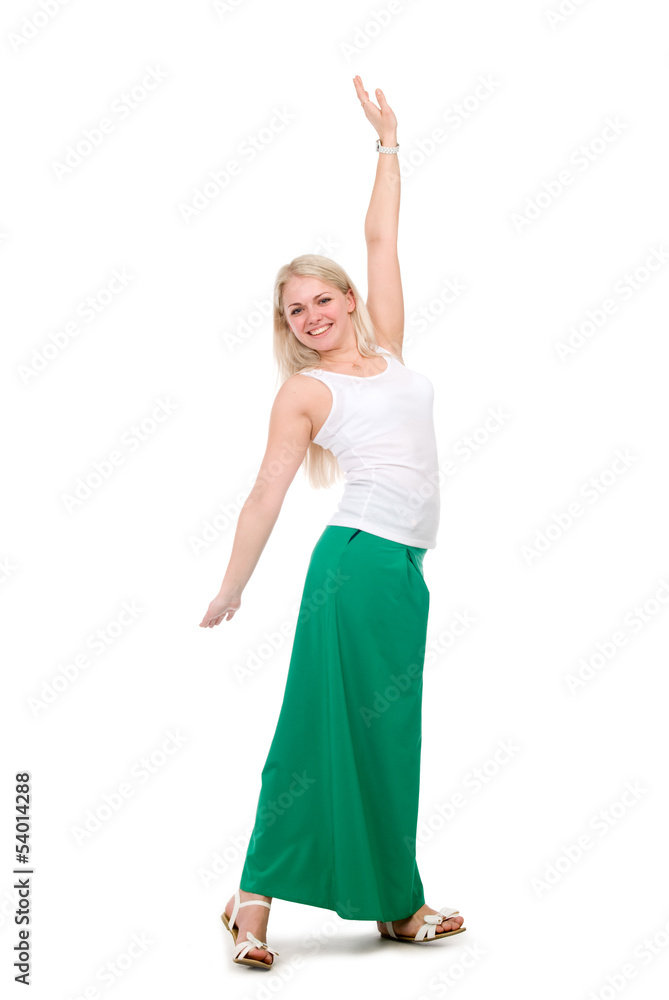 Beautiful female student in a green skirt with hands raised. Beautiful female student in a green skirt with hands raised.
