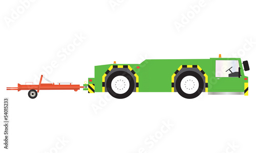 A Green Airport Pushback Tractor and Tow Bar
