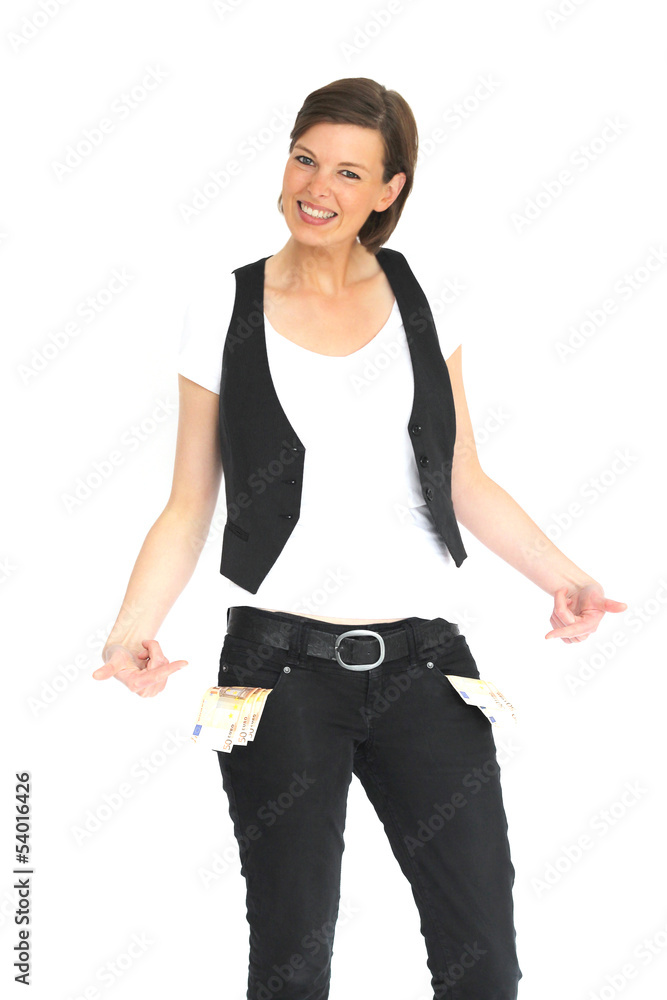 junge Frau freut sich über Taschen voller Geld junge Frau freut sich über Taschen voller Geld