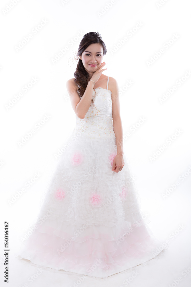Portrait of beautiful bride with wedding dress isolated on white