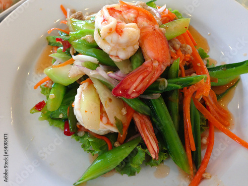 Collards spicy callad with carrots and prawn, Thai dish photo