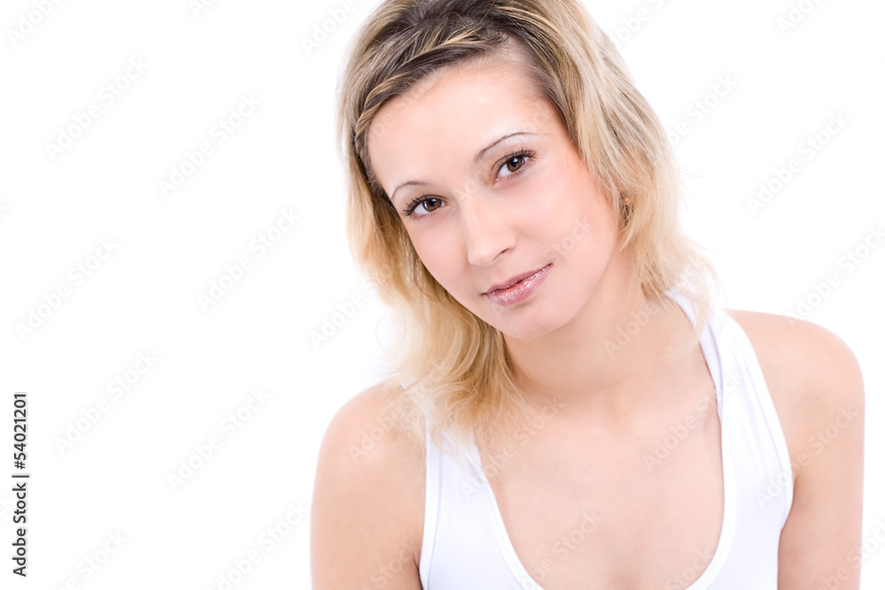 Beautiful blond woman against white background Beautiful blond woman against white background