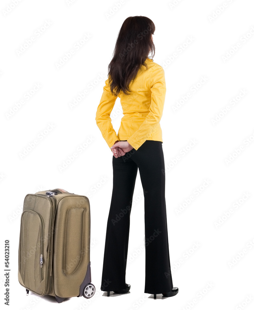 Back view of business woman with suitcase Back view of business woman with suitcase