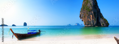 Travel boat on Thailand island beach. Tropical coast Asia landsc