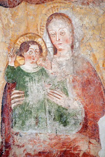Bergamo - Giottesque medieval fresco of Madonna