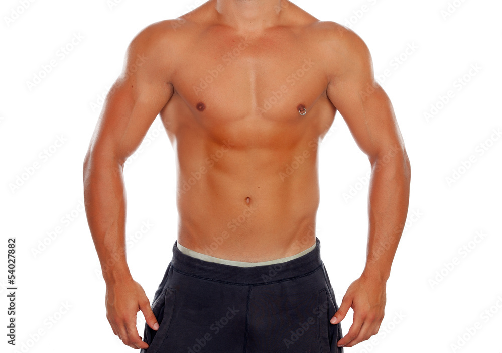 Handsome shirtless young man with defined muscles and a piercing