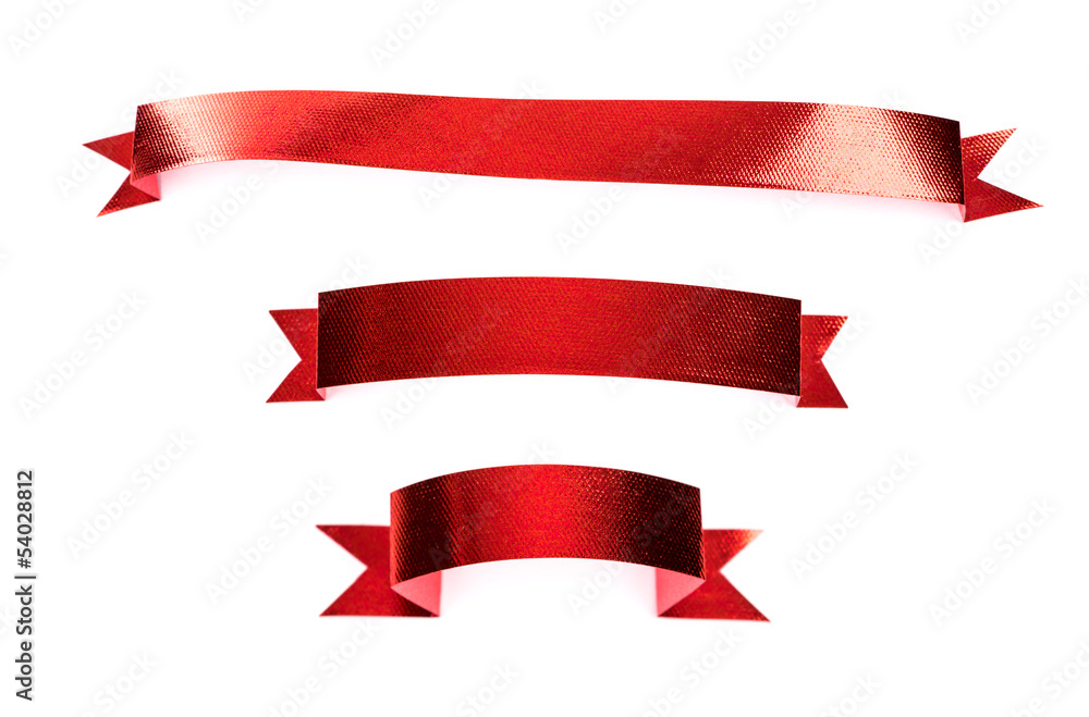 Shiny red ribbon set on white background with copy space. Shiny red ribbon set on white background with copy space.