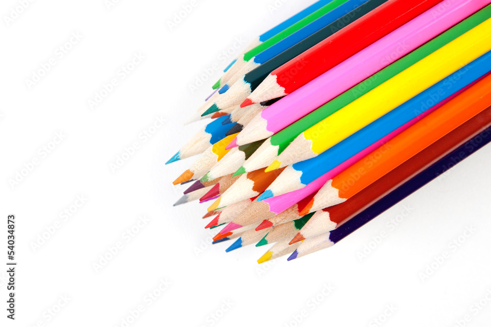 Coloring pencils bundled together on white background