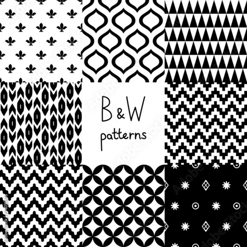 Black and white geometric seamless patterns set, vector