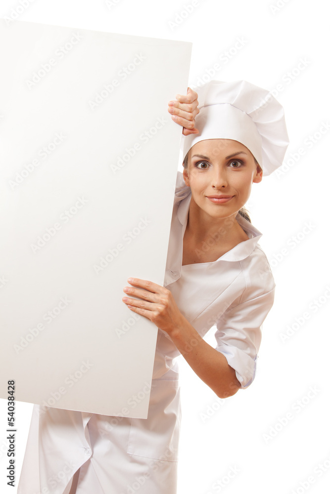 Chef woman with blank board in front of her , isolated Chef woman with blank board in front of her , isolated