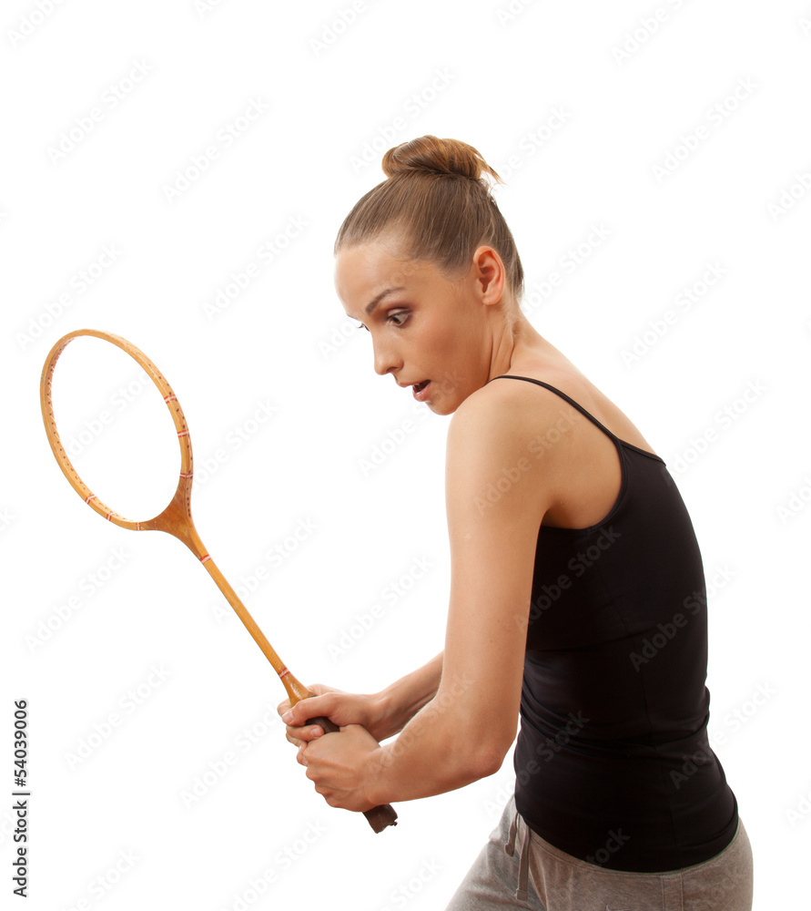 girl with a badminton racket, isolated on white girl with a badminton racket, isolated on white