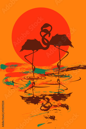 Illustration with pair of flamingos in love