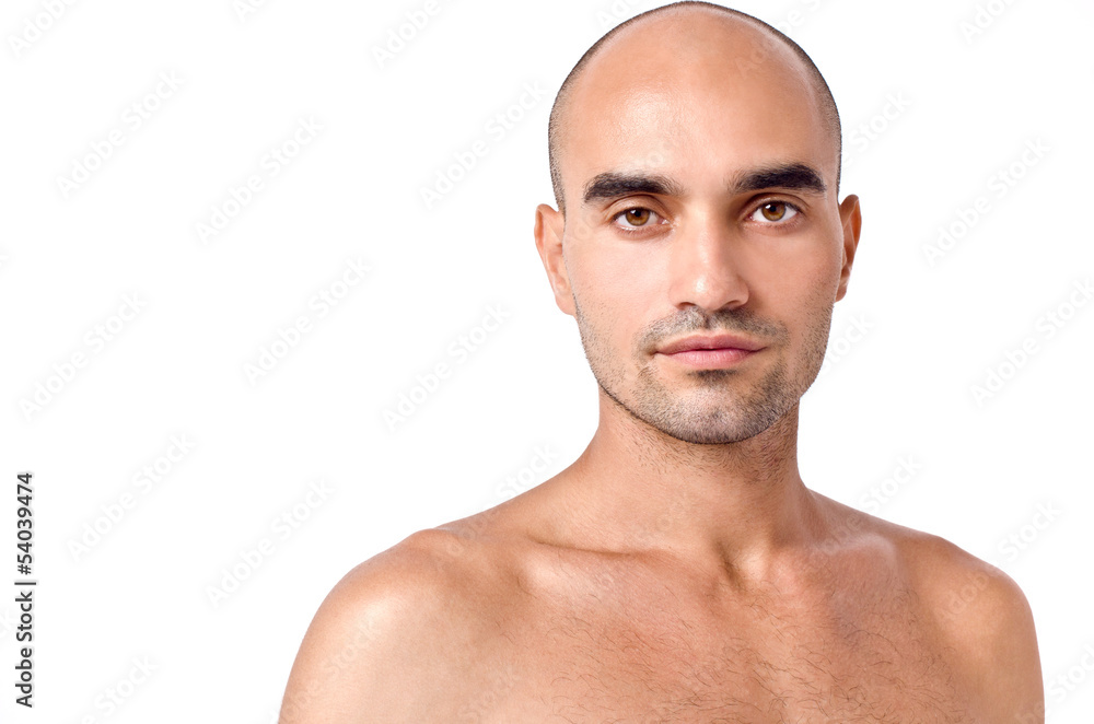 Bald Caucasian handsome man. Close up. Isolated on white. Bald Caucasian handsome man. Close up. Isolated on white.