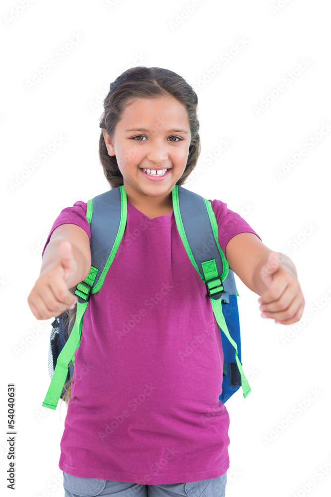 Little girl with book bag does thumbs up at camera Little girl with book bag does thumbs up at camera