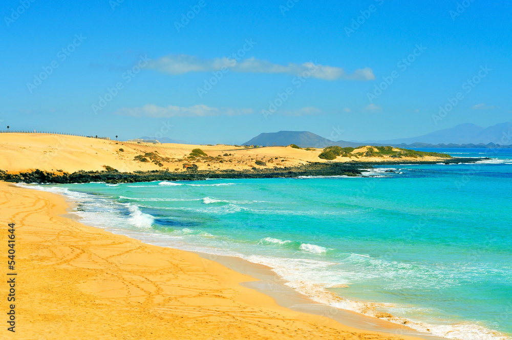 beach in Natural Park of Dunes of Corralejo in Fuerteventura, Sp