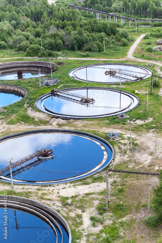 Round form water cleaners in treatment plant, aerial view