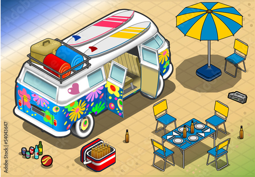 Isometric Rainbow Van in Camping in Rear View