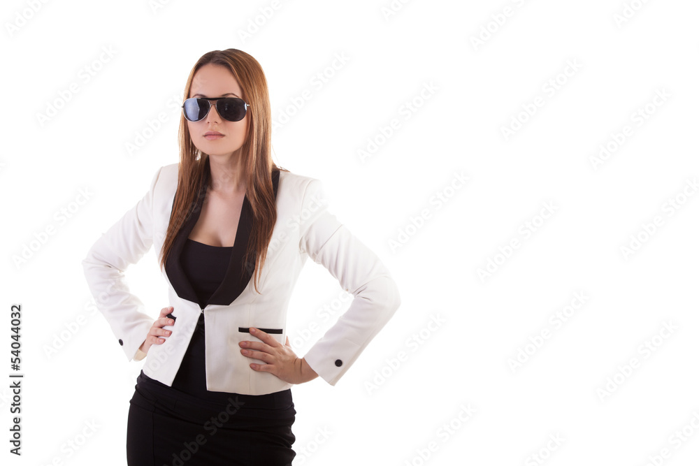 Beautiful glamour girl with sunglasses isolated on white backgro Beautiful glamour girl with sunglasses isolated on white backgro