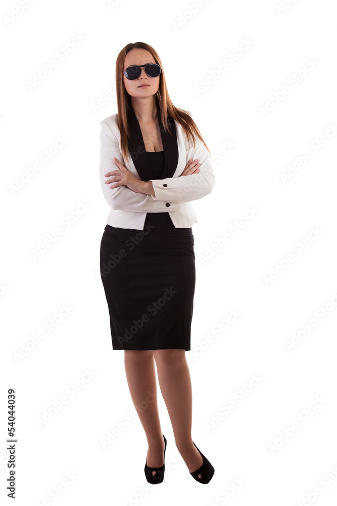 Beautiful glamour girl with sunglasses isolated on white backgro Beautiful glamour girl with sunglasses isolated on white backgro