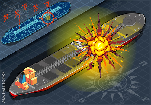 Isometric  Ship Tanker Hit by Explosion in Rear View
