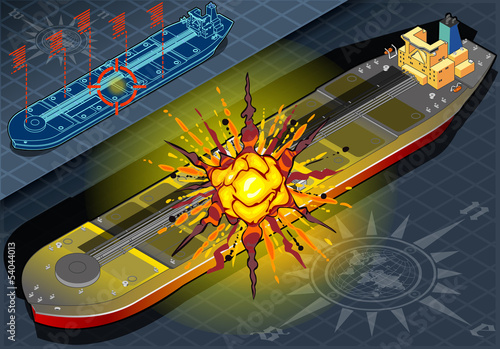 Isometric  Ship Tanker Hit by Explosion in Front View