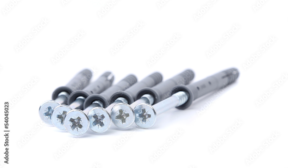 Screws and dowels isolated on white background Screws and dowels isolated on white background