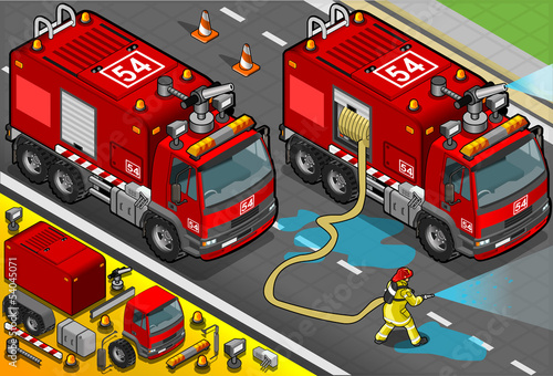 Isometric Firefighter Tank Truck in Front View