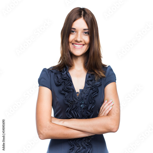Beautiful smiling business woman in blue dress