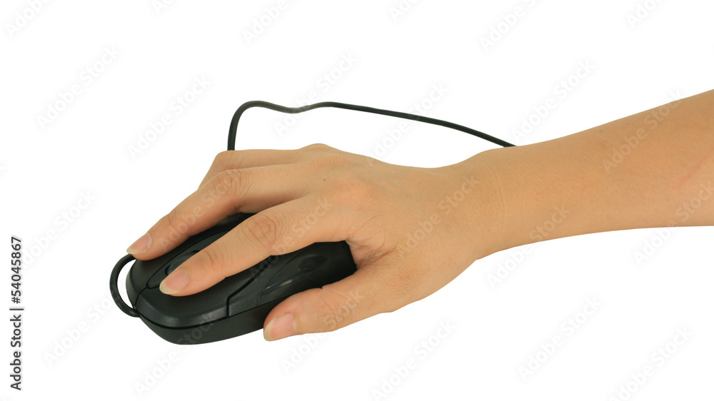Black Computer optical mouse on hand isolated on white Black Computer optical mouse on hand isolated on white