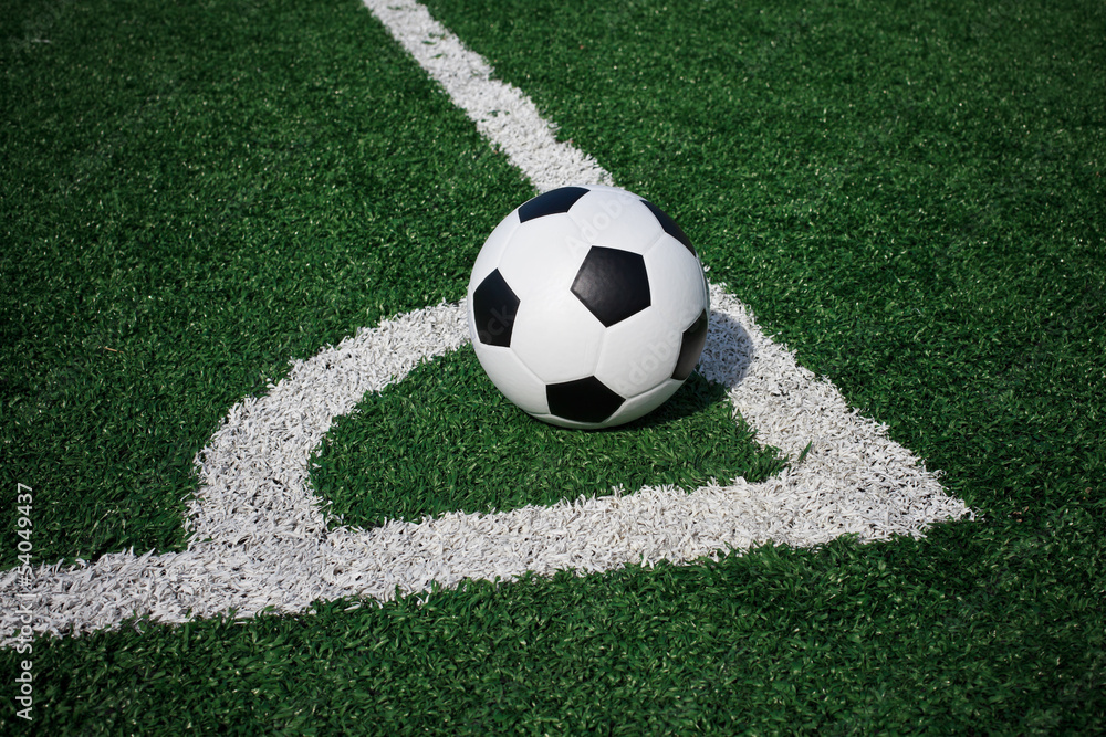 White stripe on the green soccer field from top view White stripe on the green soccer field from top view