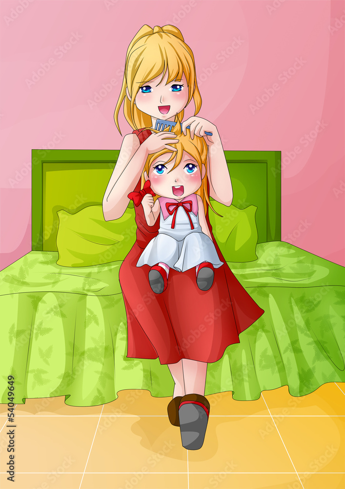 Cartoon illustration of a mother combing her child Cartoon illustration of a mother combing her child