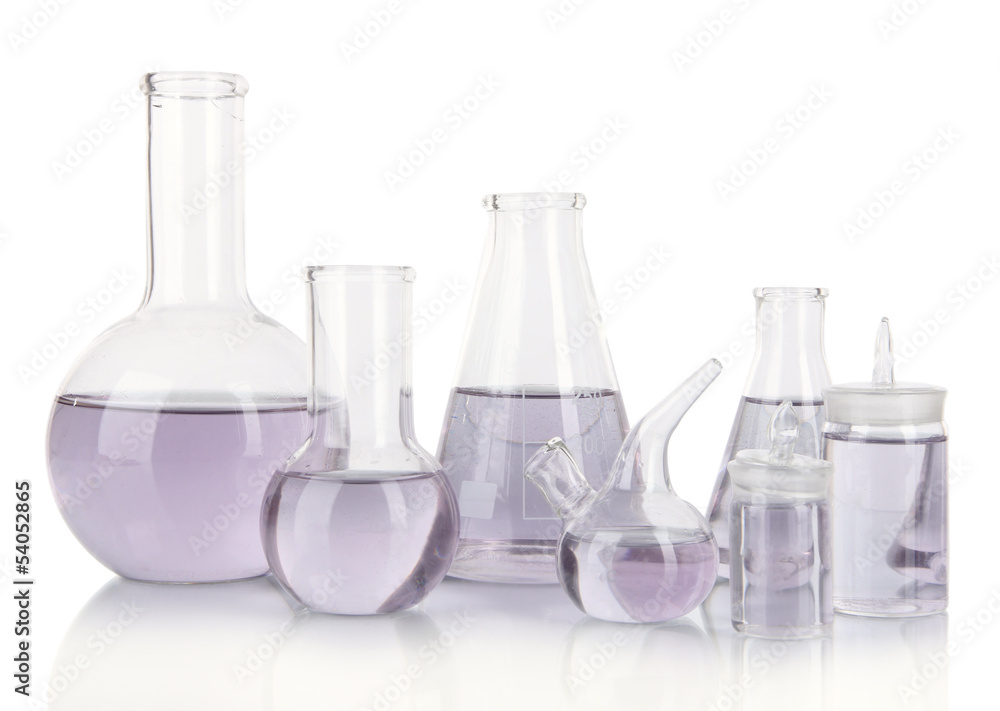 Test-tubes with light purple liquid isolated on white Test-tubes with light purple liquid isolated on white