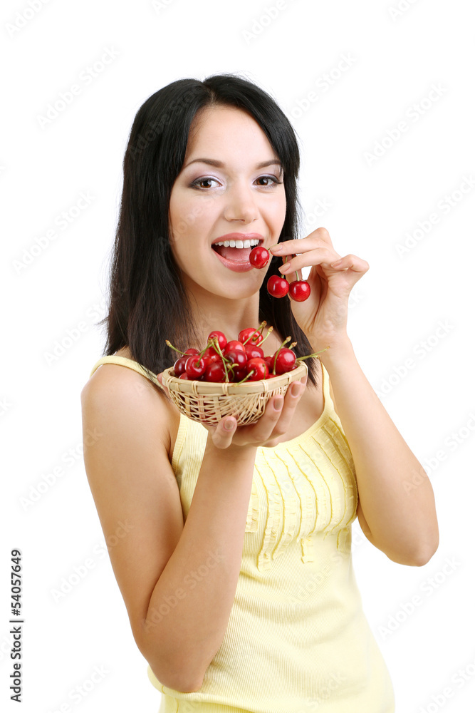 Girl with fresh cherries isolated on white Girl with fresh cherries isolated on white