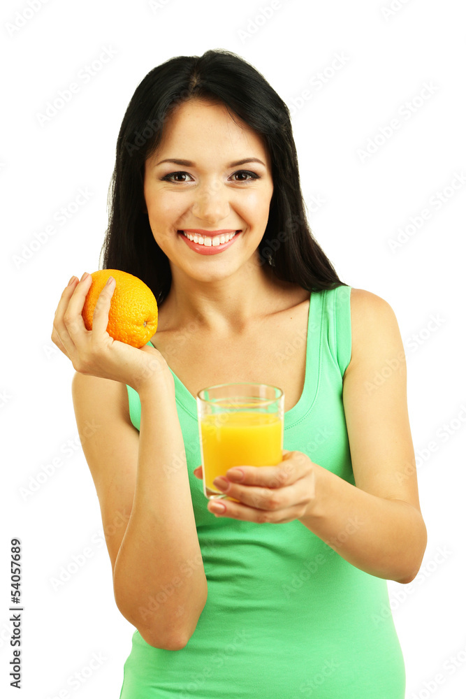 Girl with fresh juice and orange isolated on white Girl with fresh juice and orange isolated on white
