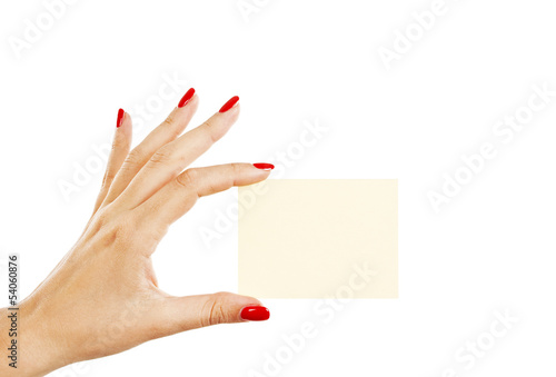 Tela Female hand with red nails holding a blank card