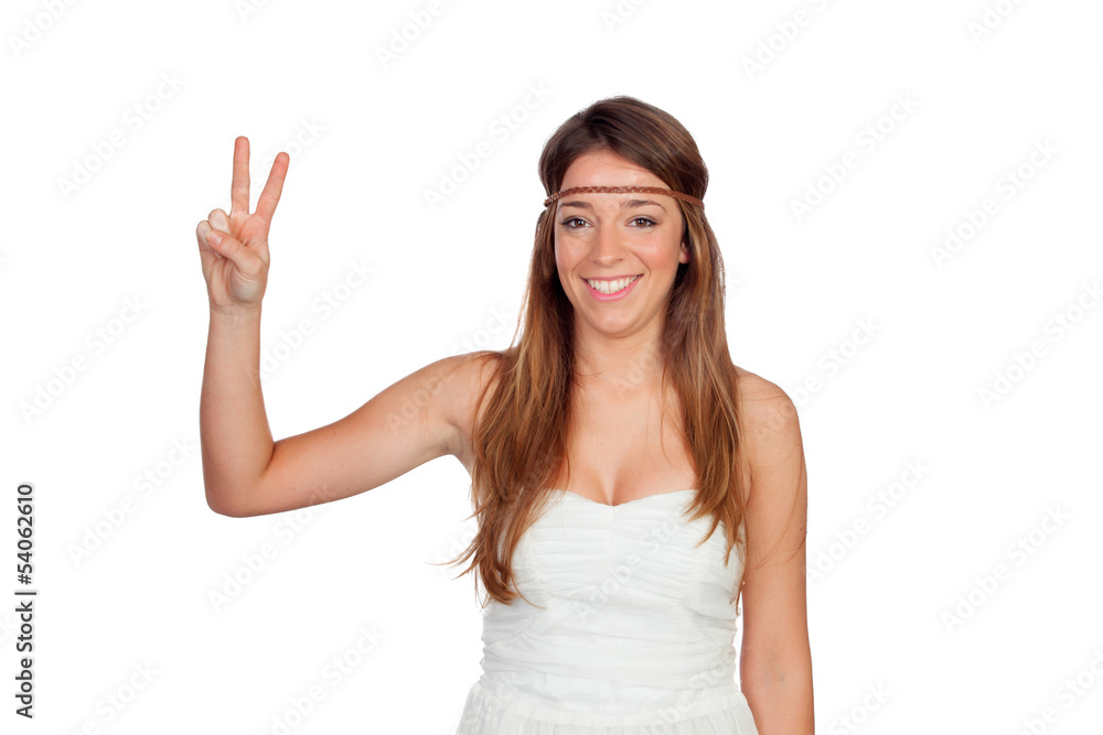 Pretty girl with hippie clothes making the peace symbol Pretty girl with hippie clothes making the peace symbol
