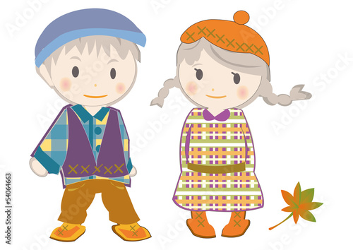 children　,autumn,a　fallen leave.秋服のこどもたち