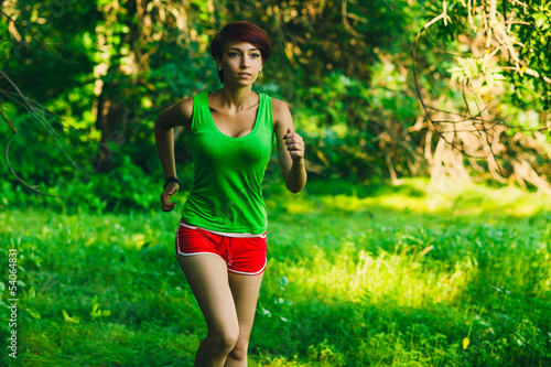 beautiful healthy brunette young woman athlete running outdoors, © maxximmm