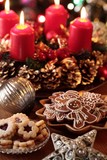 Christmas cookies and decorations on a table